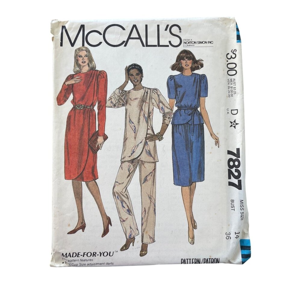 80s McCalls 7827 Misses Sewing Pattern Size 14 Dress Tunic Skirt Pants Belt CUT